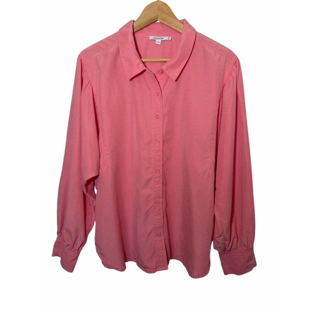 Chico's Pink Linen Blend Button Front Long Slv Top Womens Sz XL Perppy Classic